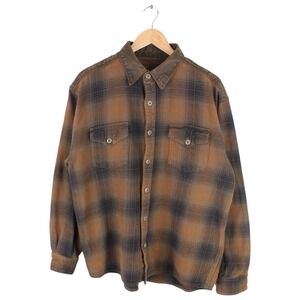 North River Plaid Flannel Shirt Brown Button Up Cotton Suede Collar Size Large